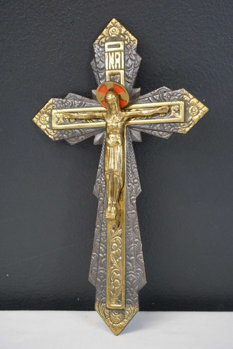 Stary krzyż wiszący pasyjka Pan Jezus mosiądz 22.5cm