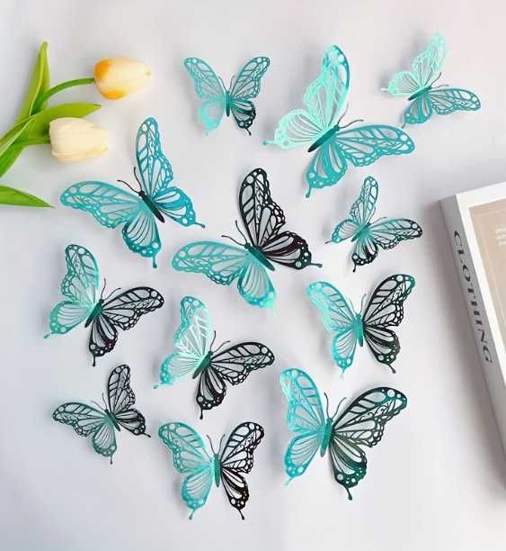 Motyle 3D Naklejki na Zielone Zieleń Mieniąca Ażurowe Ogonki 12 szt