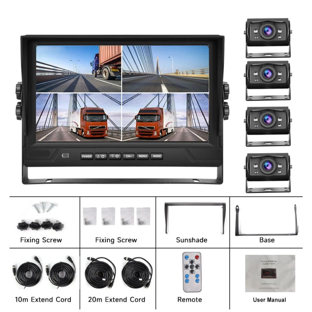 Kit de 4 câmaras e monitor 9" para camiões autocarros cabo 20M novo