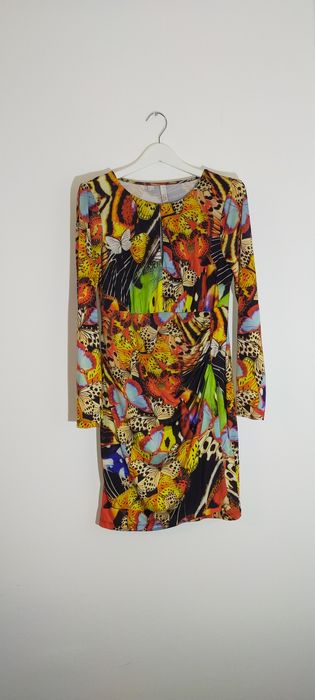 Sukienka dopasowana kolorowa motyle długi rękaw 40 L 42 xl