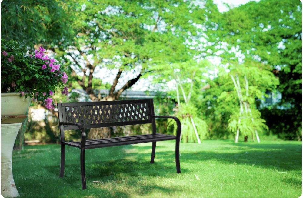 Ławka ogrodowa metalowa z oparciem. Stylowa Ladna Porzadna