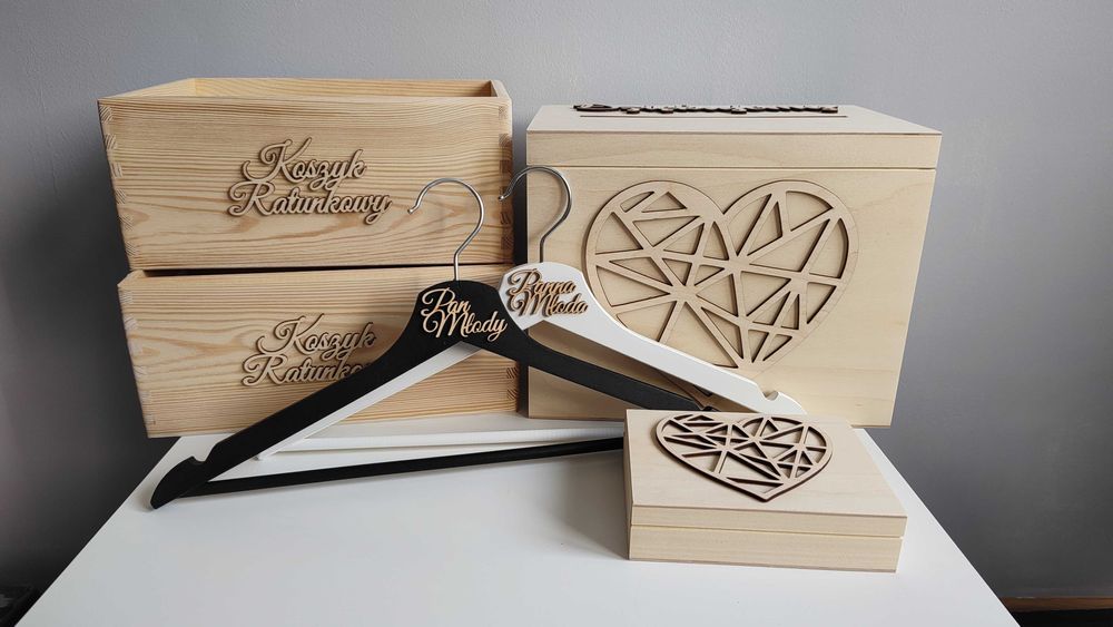 nowy zestaw drewniany pudełko na obrączki koperty wieszaki koszyki