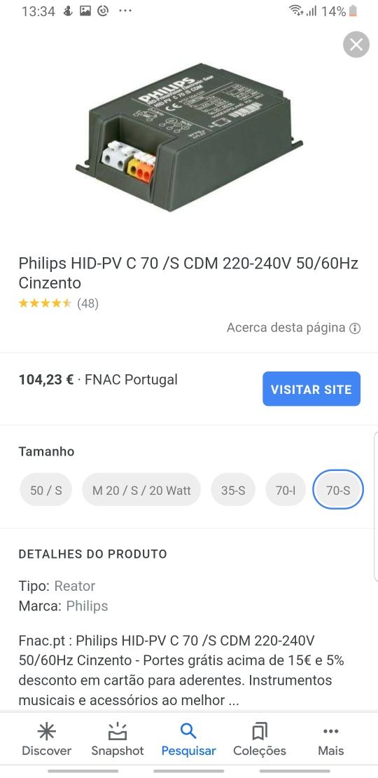 Reator Philips HID-PV C 70/S