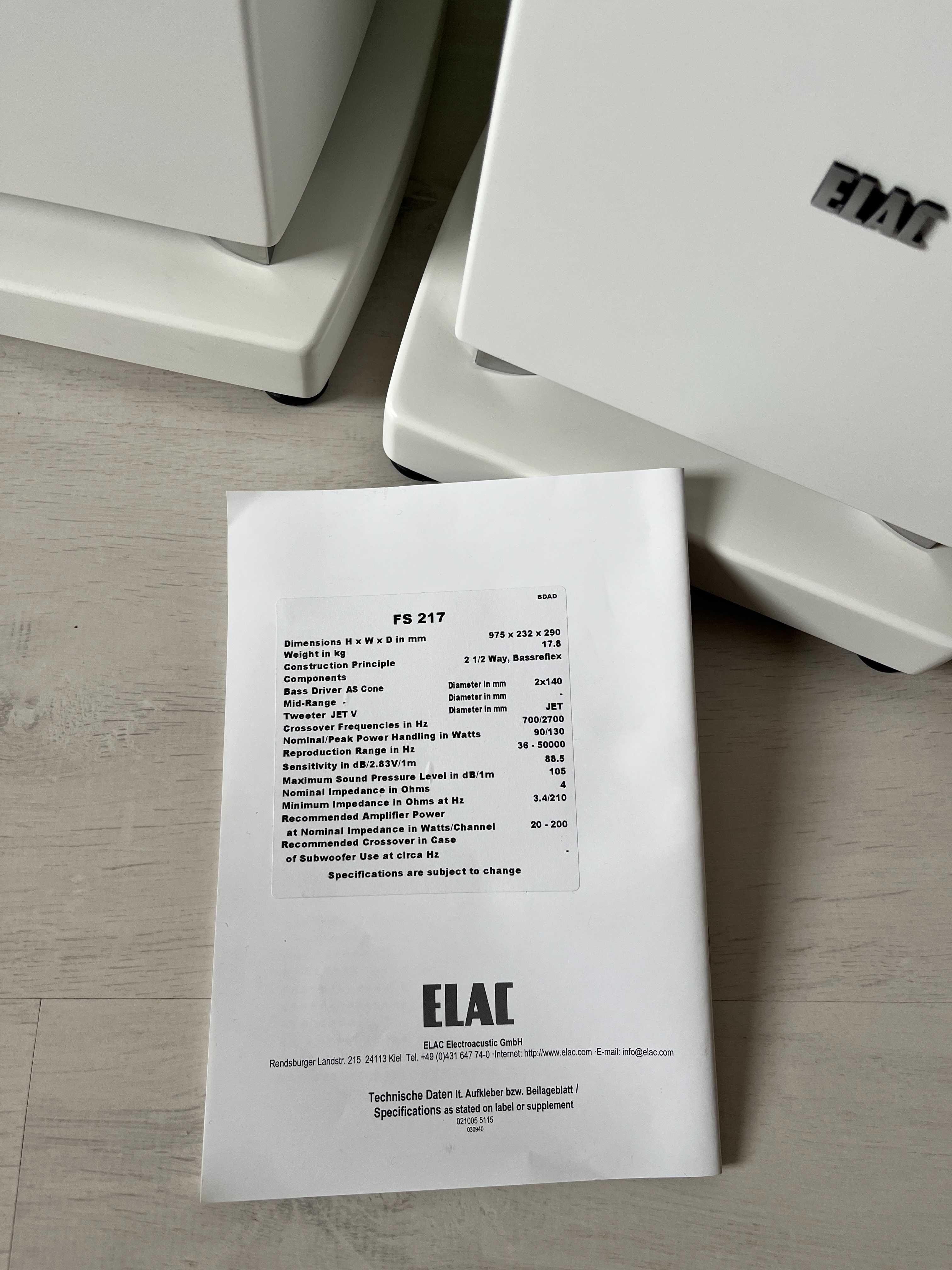 Elac FS 217 z JET white satin - kolumny podłogowe