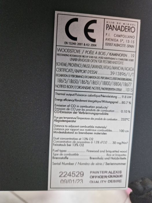 Panadero Provance eko 9,8 kw komin moc grzewcza 100 m2