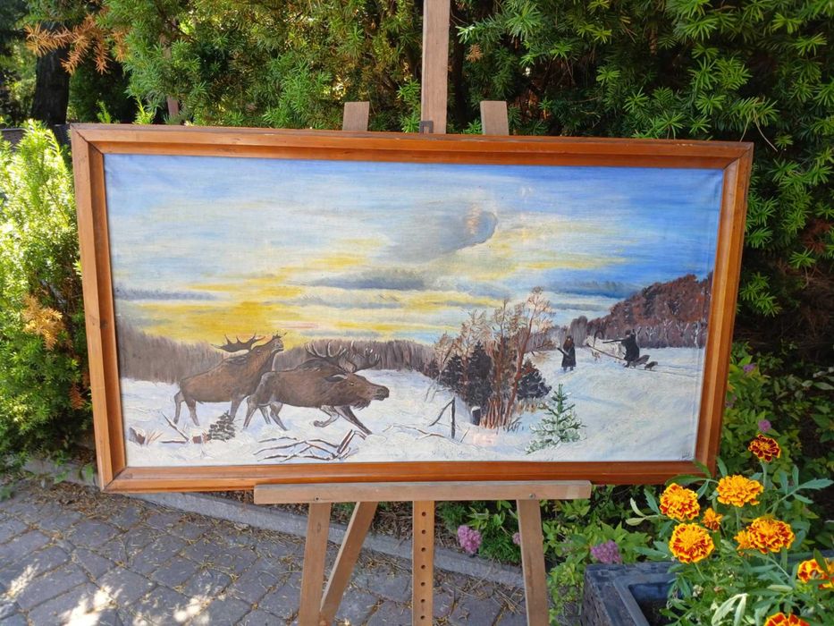 Obraz ręcznie malowany, stary Łosie, scenka na śniegu, polowanie 93x52
