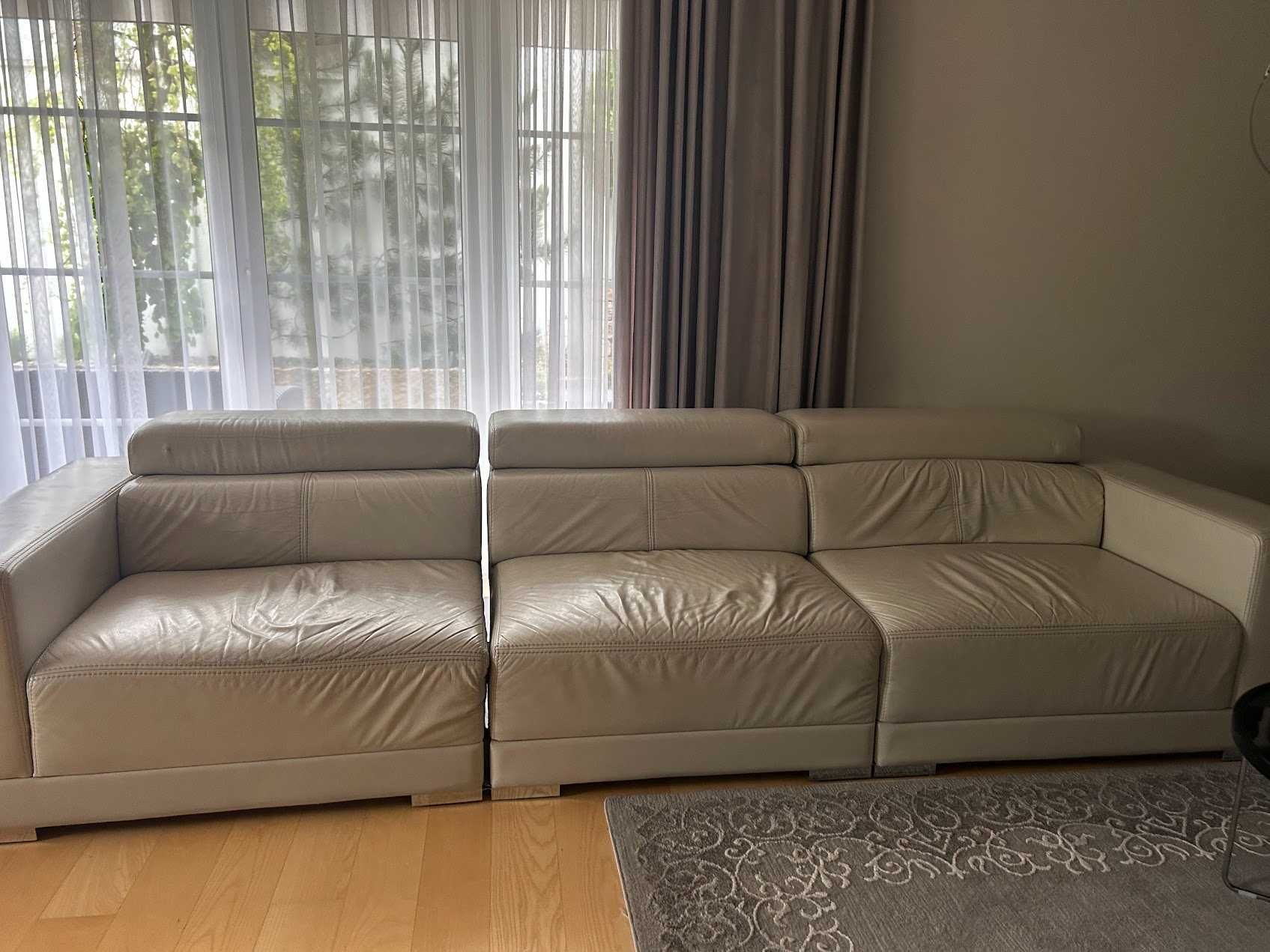 Skórzana sofa KLER ecru rozsuwana z podnoszonymi zagłówkami