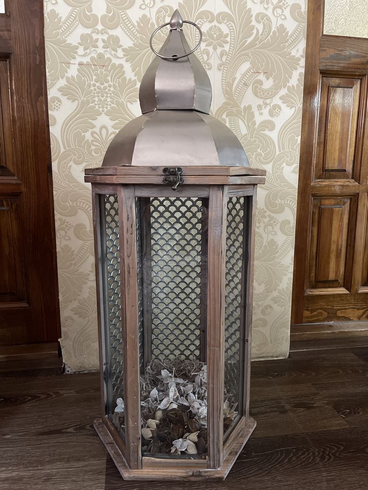 Lampion latarnia drewno metaloplastyka boho vintage 80 cm