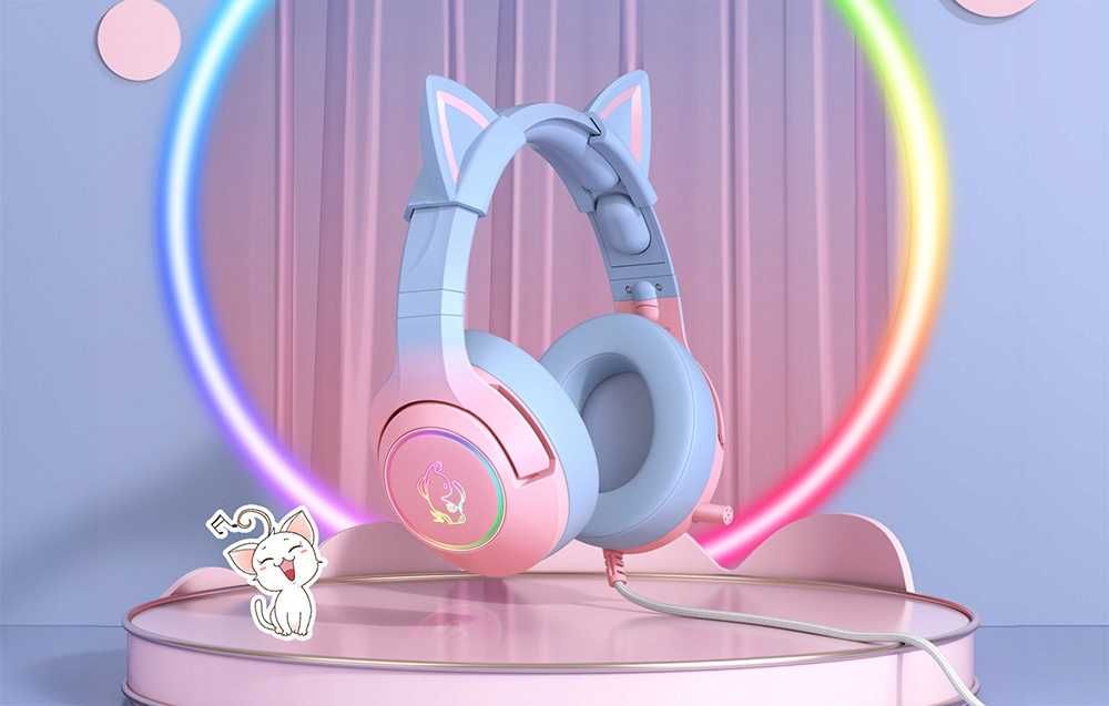 Słuchawki Dla Graczy Różowe Kocie Uszy LED Gamingowe Na PC PS5 Laptop