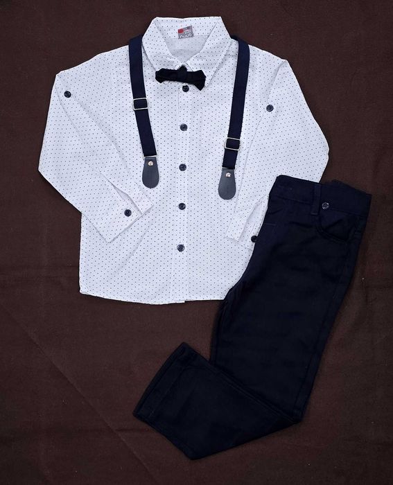 Komplet galowy, garnitur, koszula, spodnie muszka 128 granat