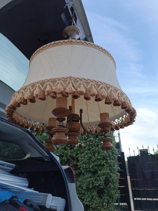 lampa wisząca drewniana abażur stara prl vintage