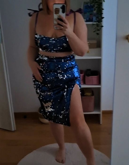 Komplet nowy elegancki cekiny top i spódnic M La