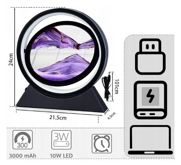 Lampka Nocna LED 3D Z Ruchomym Piaskiem Obrotowa USB