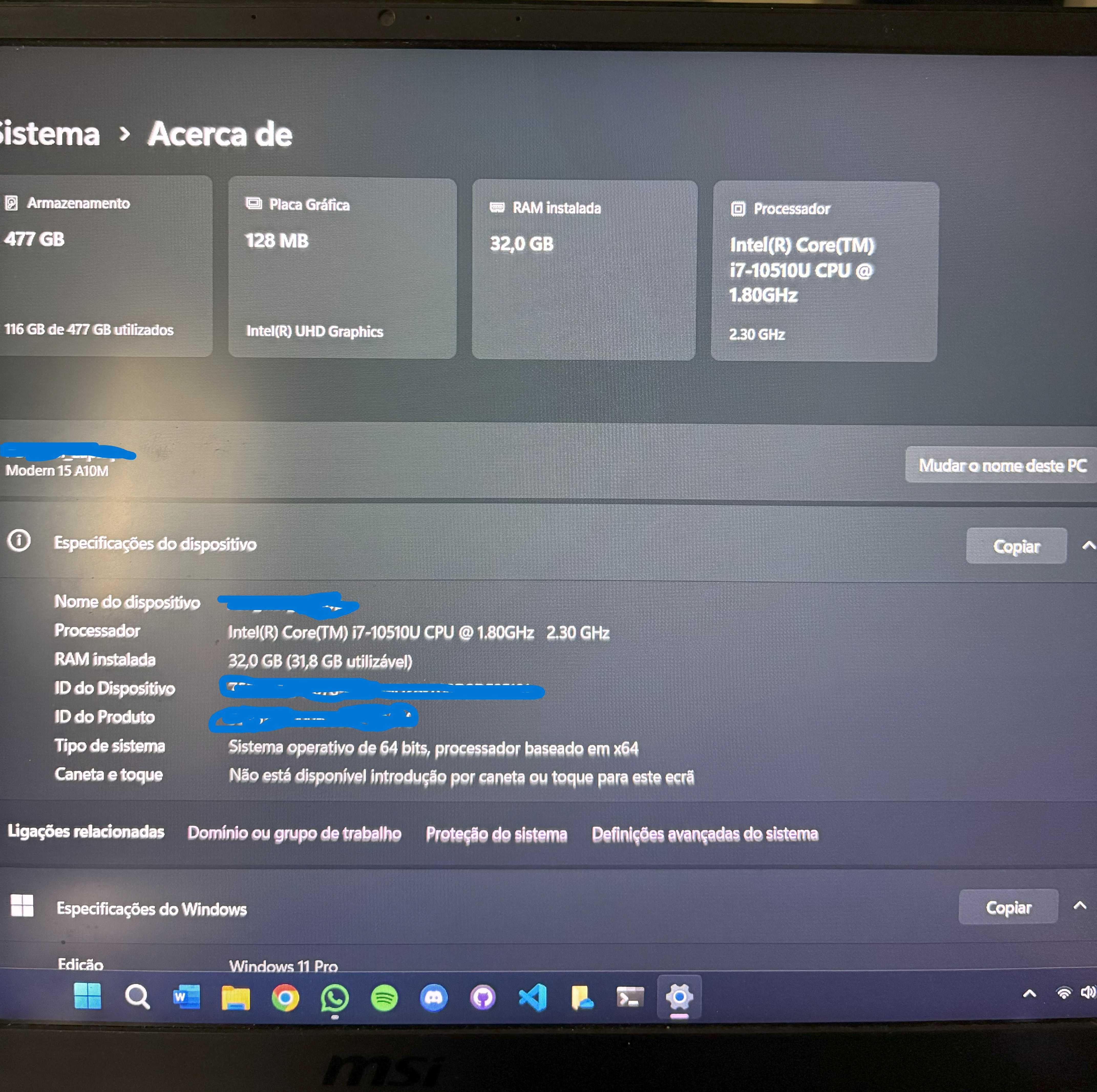 MSI Modern 15 A10M | i7|32 GB RAM|SSD 512 GB | Teclado intermitente