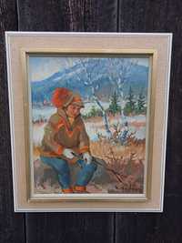 Obraz olejny chłopiec przy ognisku