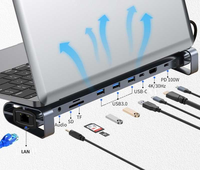 Хаб Док станция Deepfox-2212 10 в 1 USB Type-C для ноутбука 10 портов