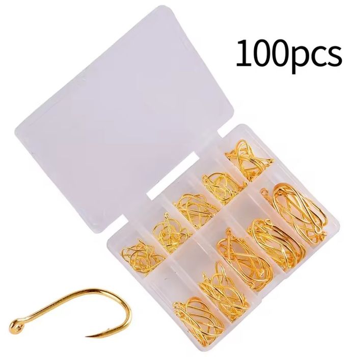 Haczyki wędkarskie 100szt - pudełko różne rozmiary - złote
