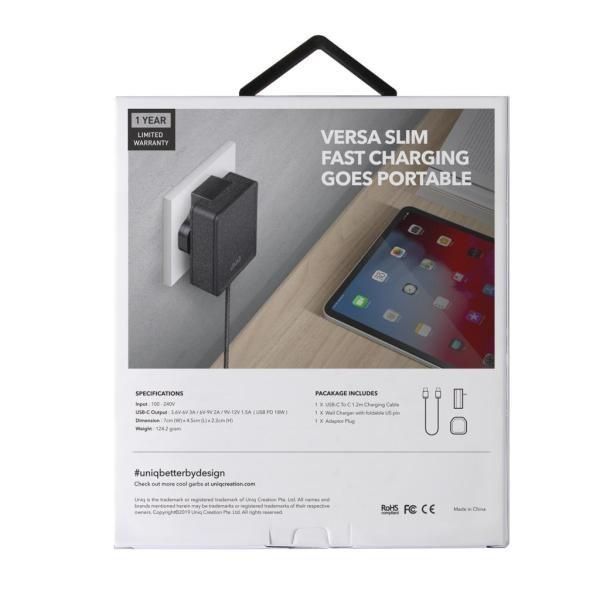 UNIQ Versa Slim Ładowarka Sieciowa USB-C Power Delivery 18W - Czarna