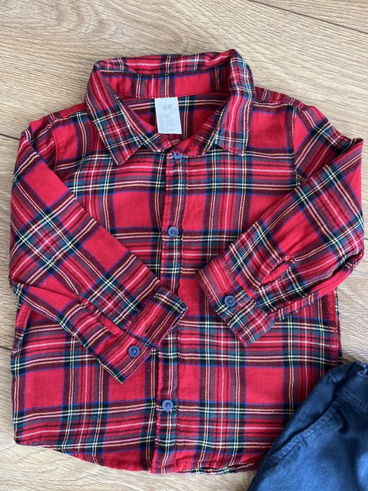 Świąteczny komplet koszula czerwona krata granatowe spodnie z szelkami