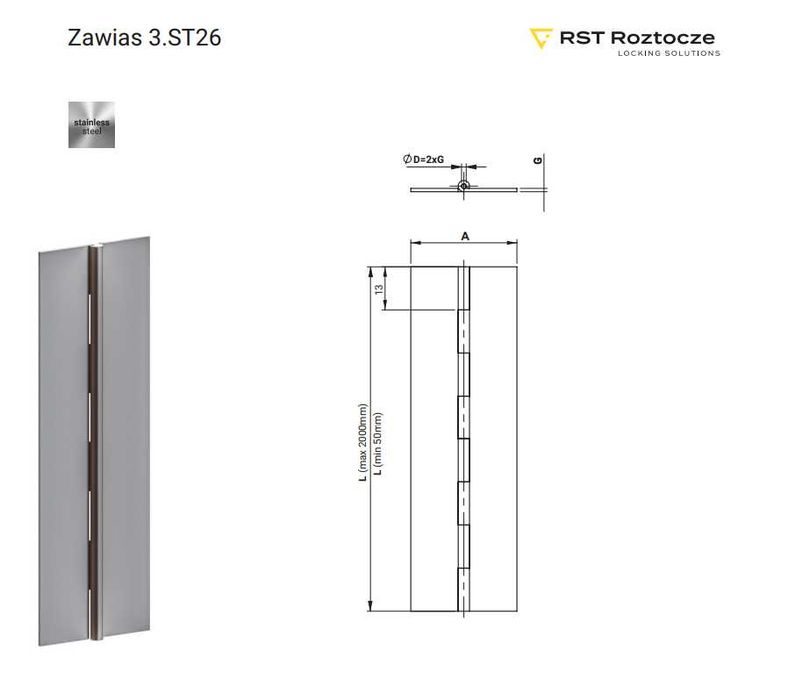 Nowe zawiasy ST26 SN 32x1000 A2 bez otworów RST Roztocze