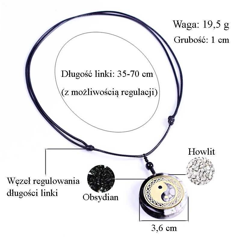 Piękny Naszyjnik Orgonit YIN YANG Czarny Biały Miedź Howlit Obsydian