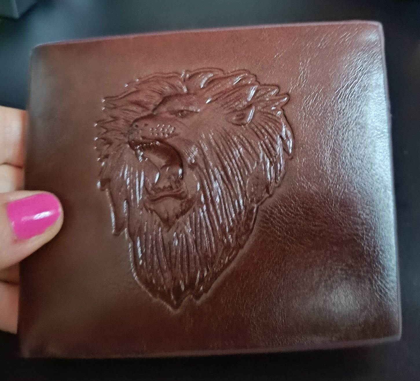 Nowy skórzany portfel męski RFID brązowy Lew 3D dwukomorowy