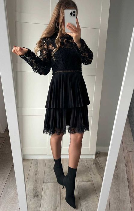 Zara czarna plisowana sukienka MIDI na wesele koronkowe wstawki L