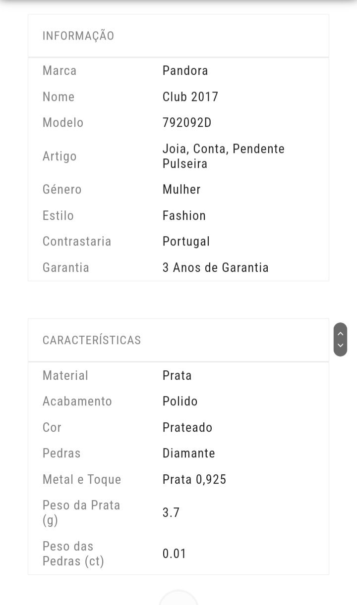 Conta pandora coracao original em prata e diamante