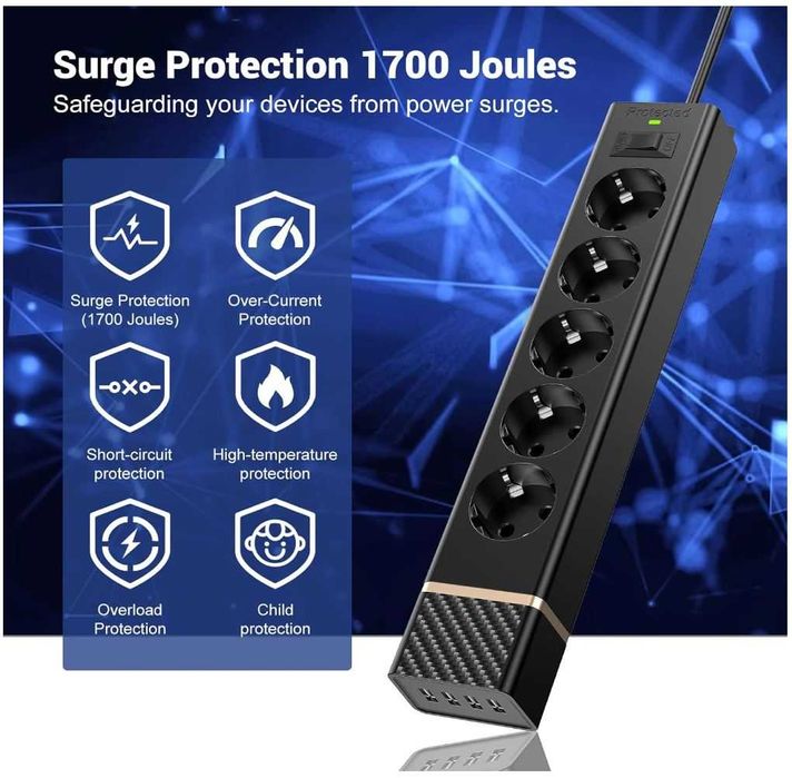 Listwa zasilająca 5 gniazd 3m 4USB ochrona przepięciowa 2400W/10A