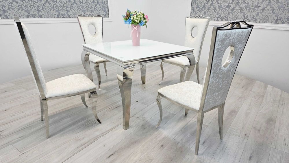 Jadalnia Glamour – Stół Ludwik 100x100 + 4 Krzesła Viktoria