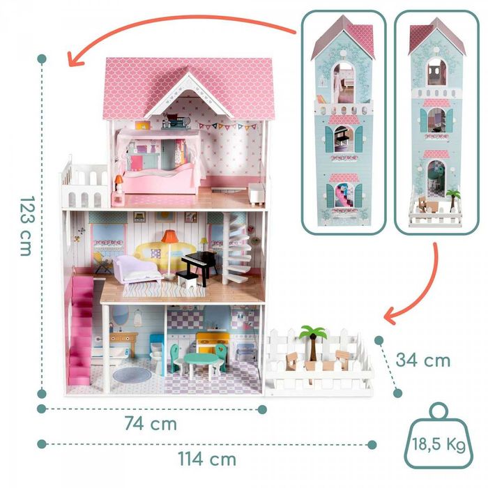XXL Największy drewniany domek dla lalek - 123 cm - podświetlany LED