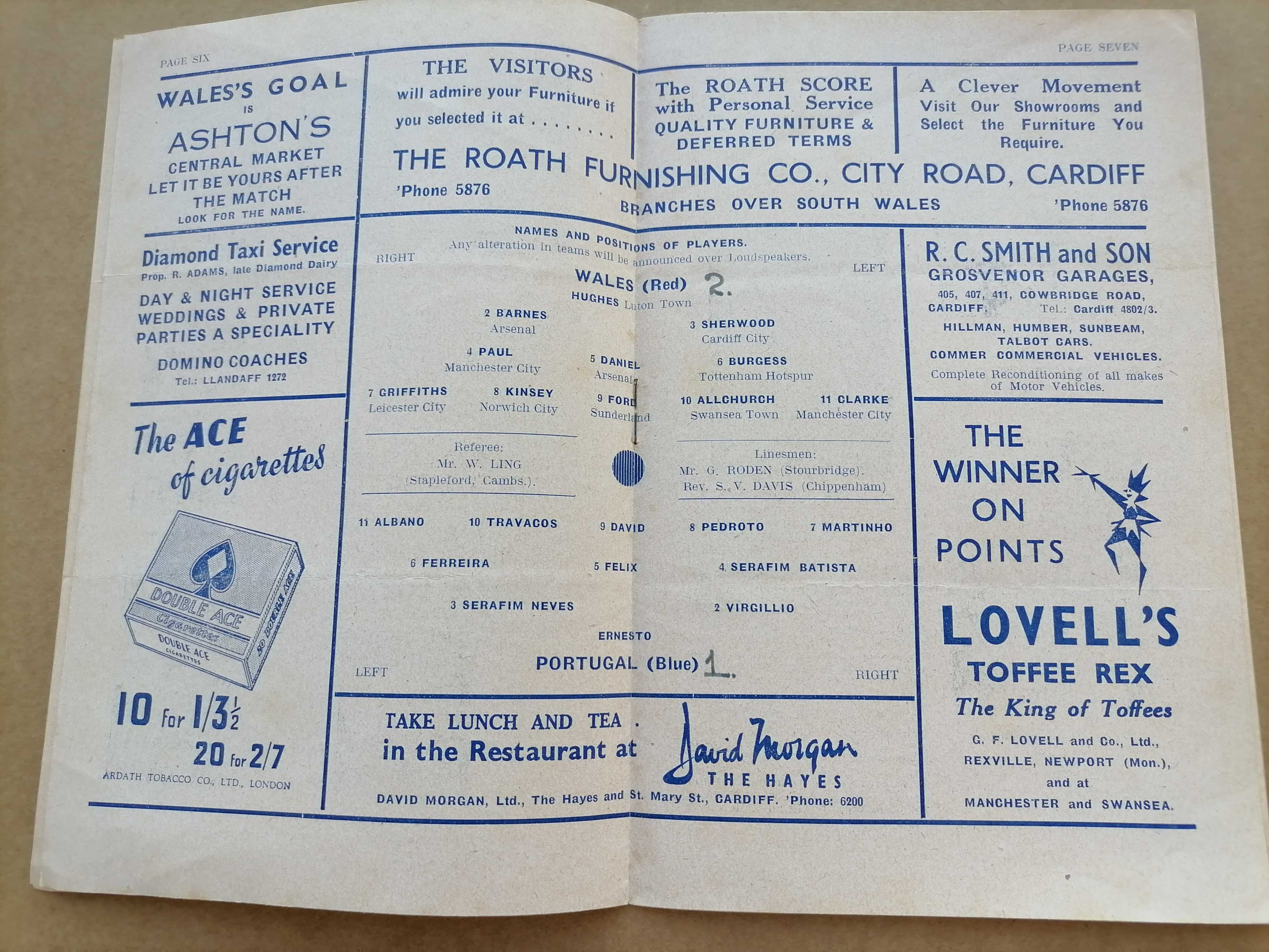 Official Programme WALES vs PORTUGAL 1951 International Football Match