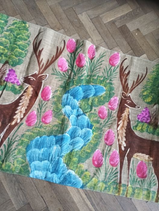 Obraz handmade PRL lata 60  makatka malowany  na lnie
