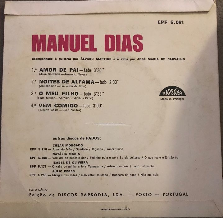 Disco Vinil - Manuel Dias – Amor De Pai