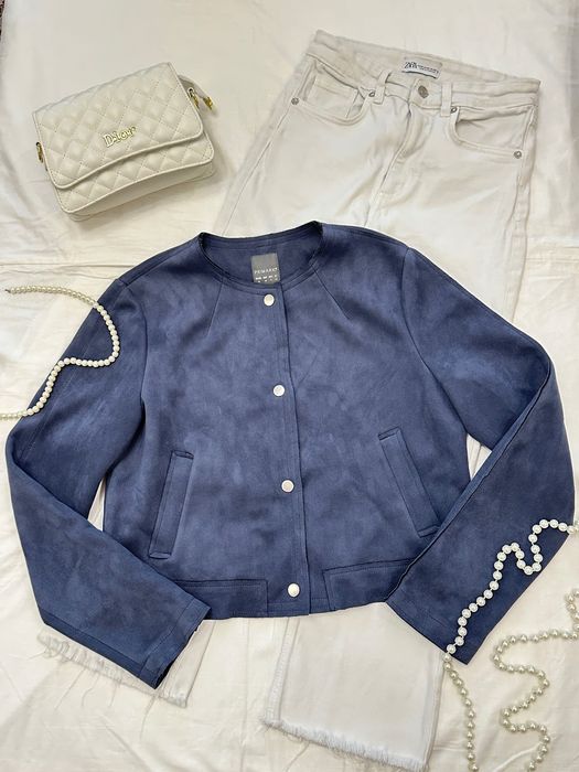 Замшева укорочена куртка, демісезонний жакет, стильний бомбер, L