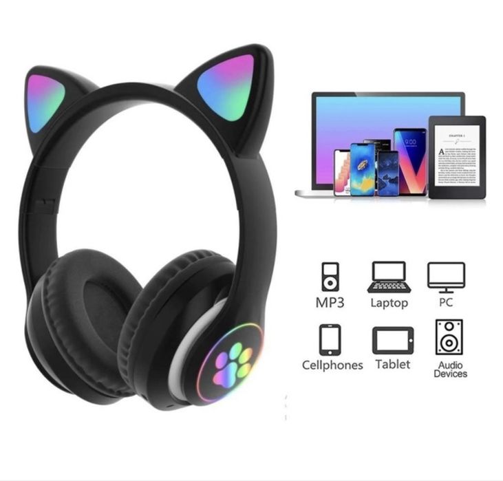 Бездротові навушники Cat VZV 23M з котячими вушками та RGB, чорні,Топ)