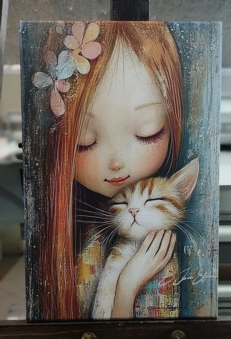 Картина  мини 20*30 см. "Девочка и котик"