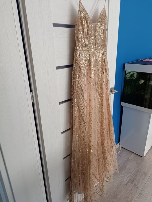 Sukienka złota cekinowa balowa sylwestrowa na ślub poprawiny r. S