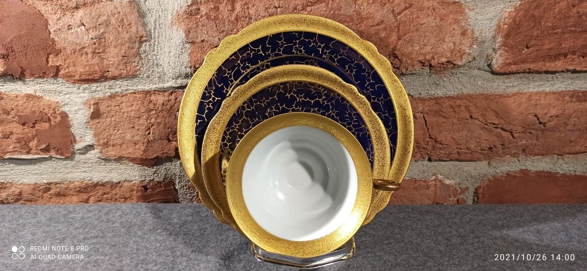 R..Porcelana  ILMENAU TRIO BRABANT Echt Kobalt 24K złocona