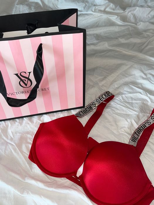 victoria secret czerwony stanik z cyrkoniami ala-satyna push up HOT
