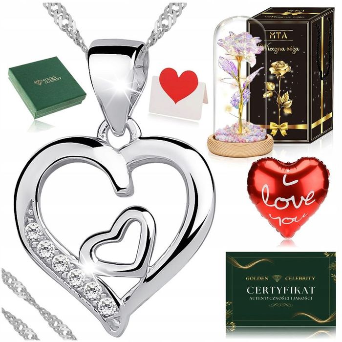 Piękny Srebrny Naszyjnik Z Sercem 925+róża Wieczna Prezent Dla Przyjac