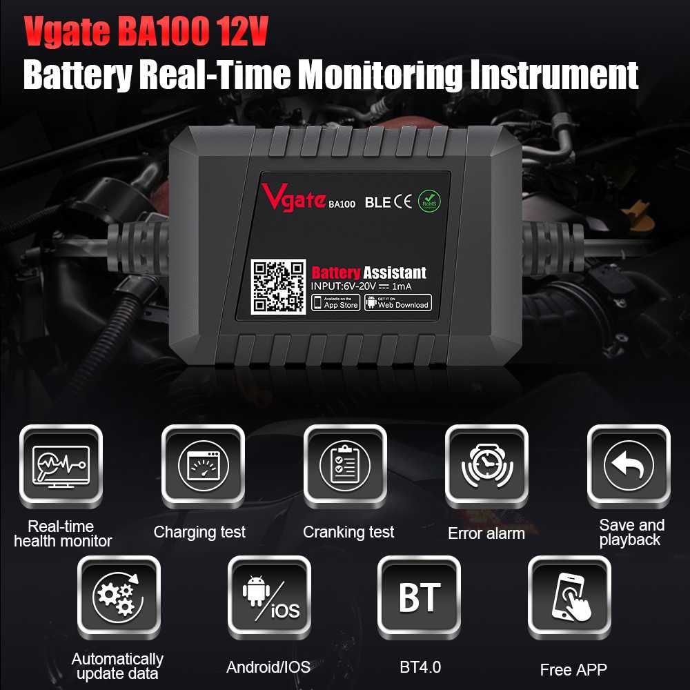 Miernik tester akumulatorów samochodowych Vgate BA100 12V Bluetooth