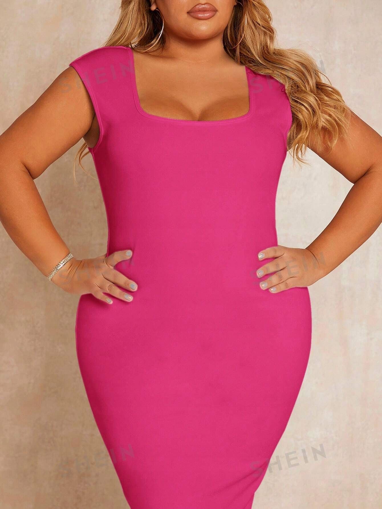 Sukienka Bodycon Midi Elegancka Kwadratowy Dekolt Różowa Casual 3Xl