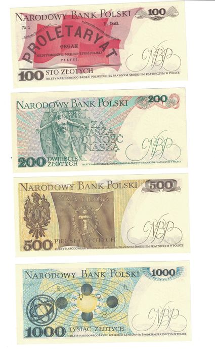Zestaw 7 banknotów PRL z lat 80 – tych