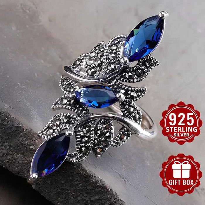 Кольцо из Серебра 925 Пробы с Листом и синими камнями