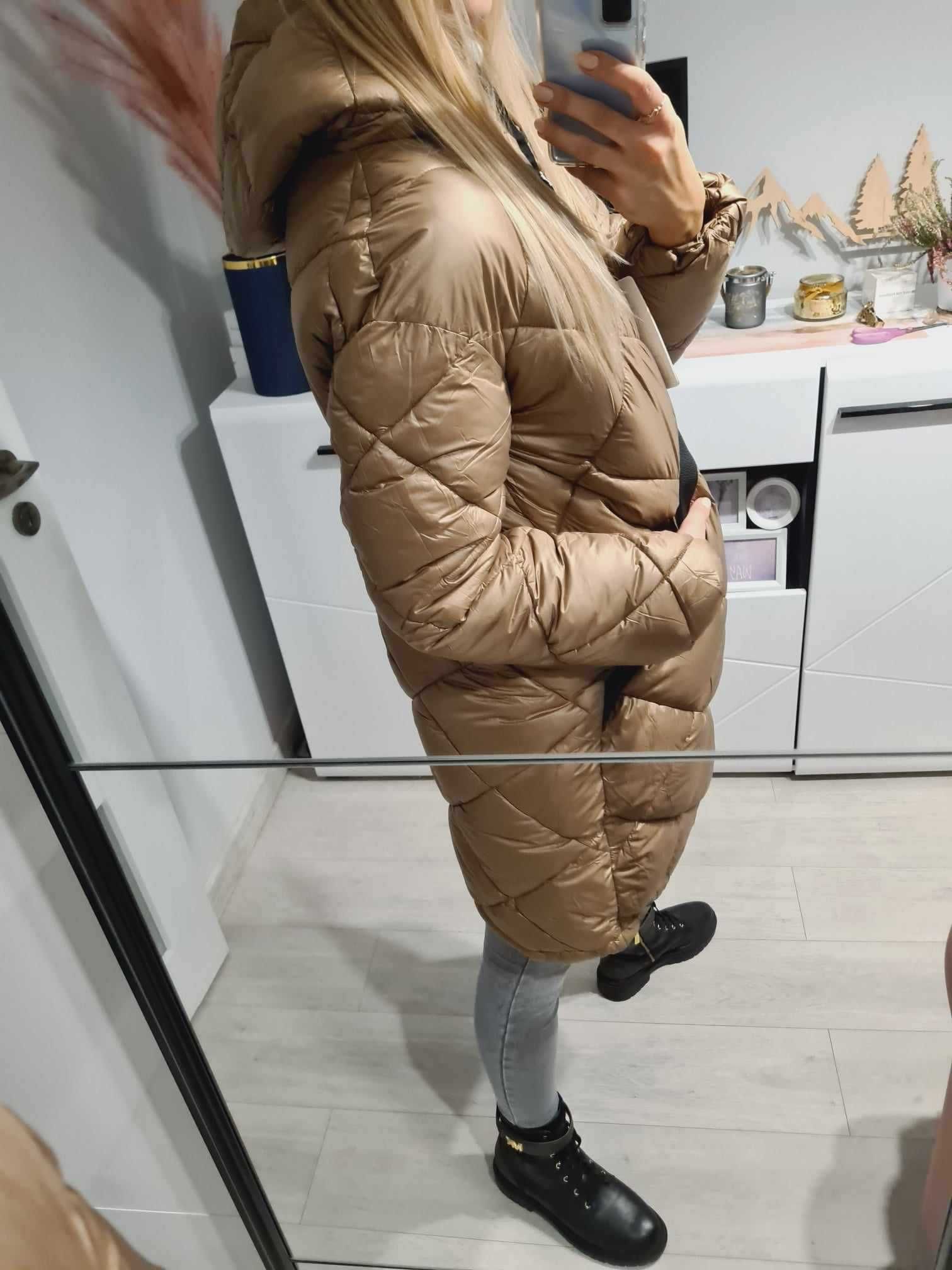 kurtka zimowa puffer jacket beżowa pikowana płaszcz lampasy puchowa