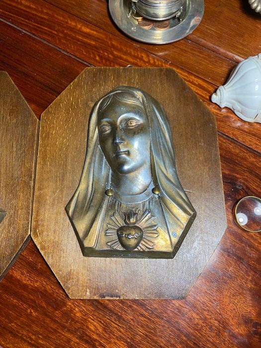 Bustos Sagrado Coração Jesus e Maria Séc XIX Assinados 21 cm