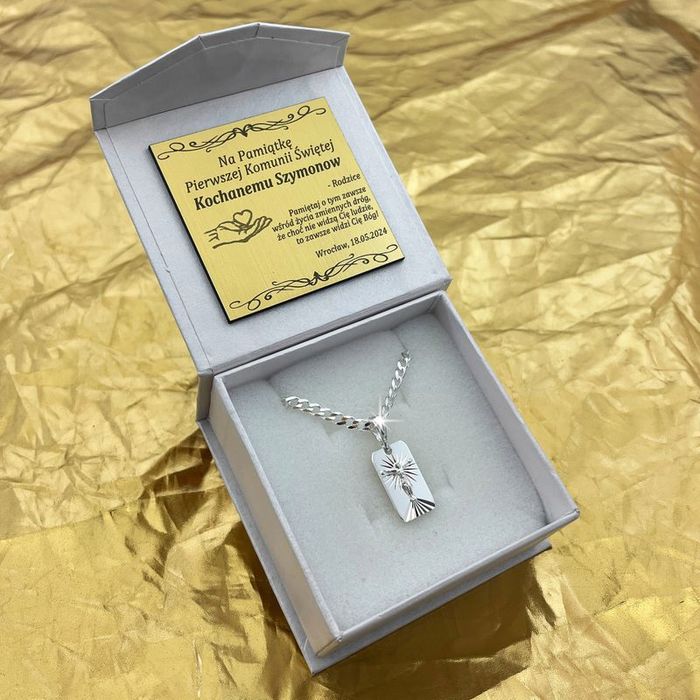 Srebrny Łańcuszek Komunijny Naszyjnik Pancerka + Medalik Jezus 925 + G