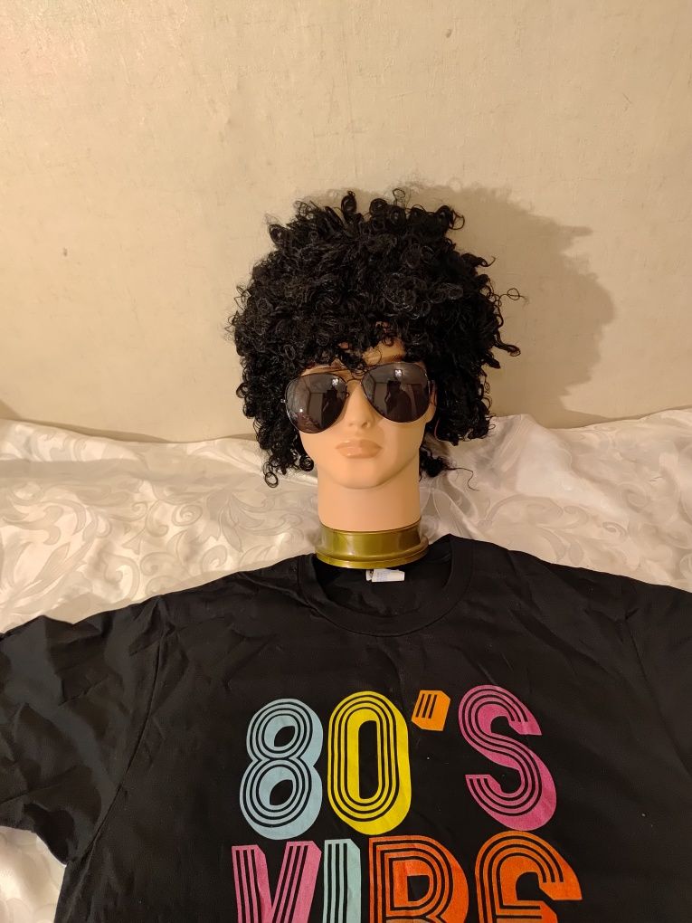 Strój przebranie lata 80-te t-shirt bawełna peruka okulary rozmiar L