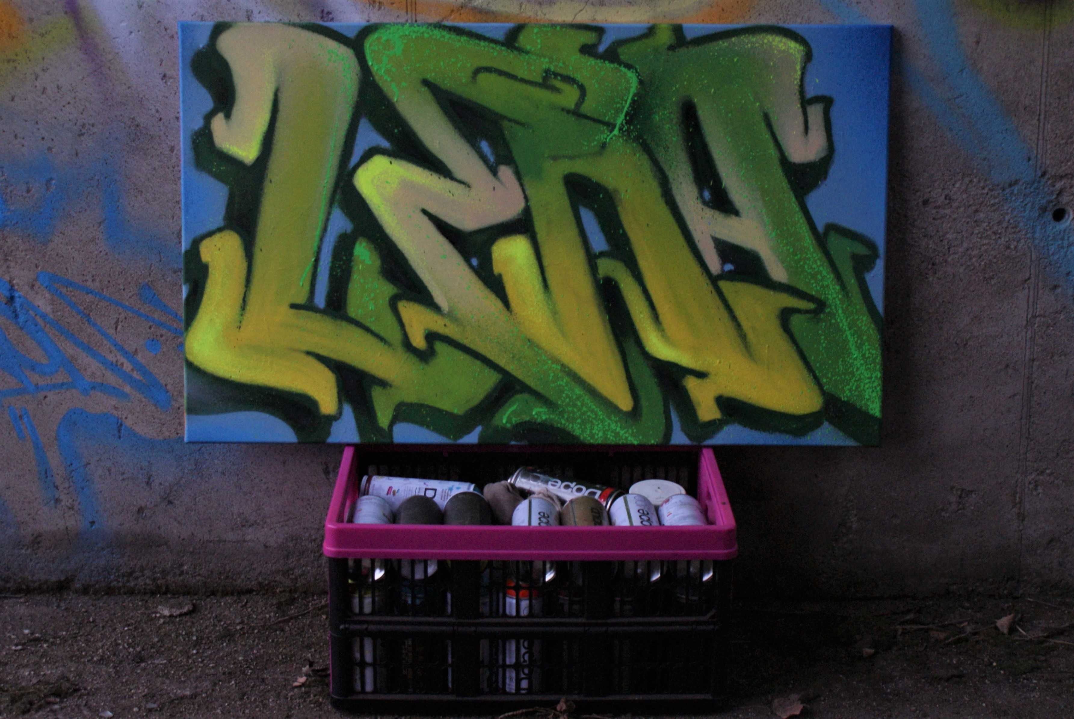 Płótno, obraz ręcznie malowany sprayami, Graffiti, napis Lena 60/100cm